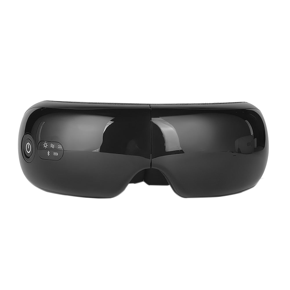 Occhiali massaggianti per occhi neri, dispositivo elettronico con pulsanti di controllo, design ergonomico, relax e benessere visivo.