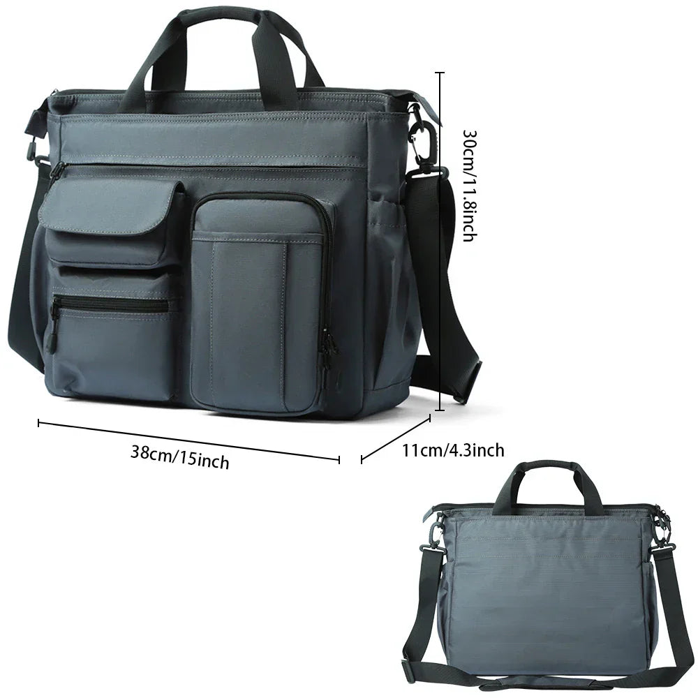 Borsa a tracolla nera multifunzione, 38x30x11 cm, con tasche multiple e manici, ideale per lavoro e viaggio. Design elegante e pratico.