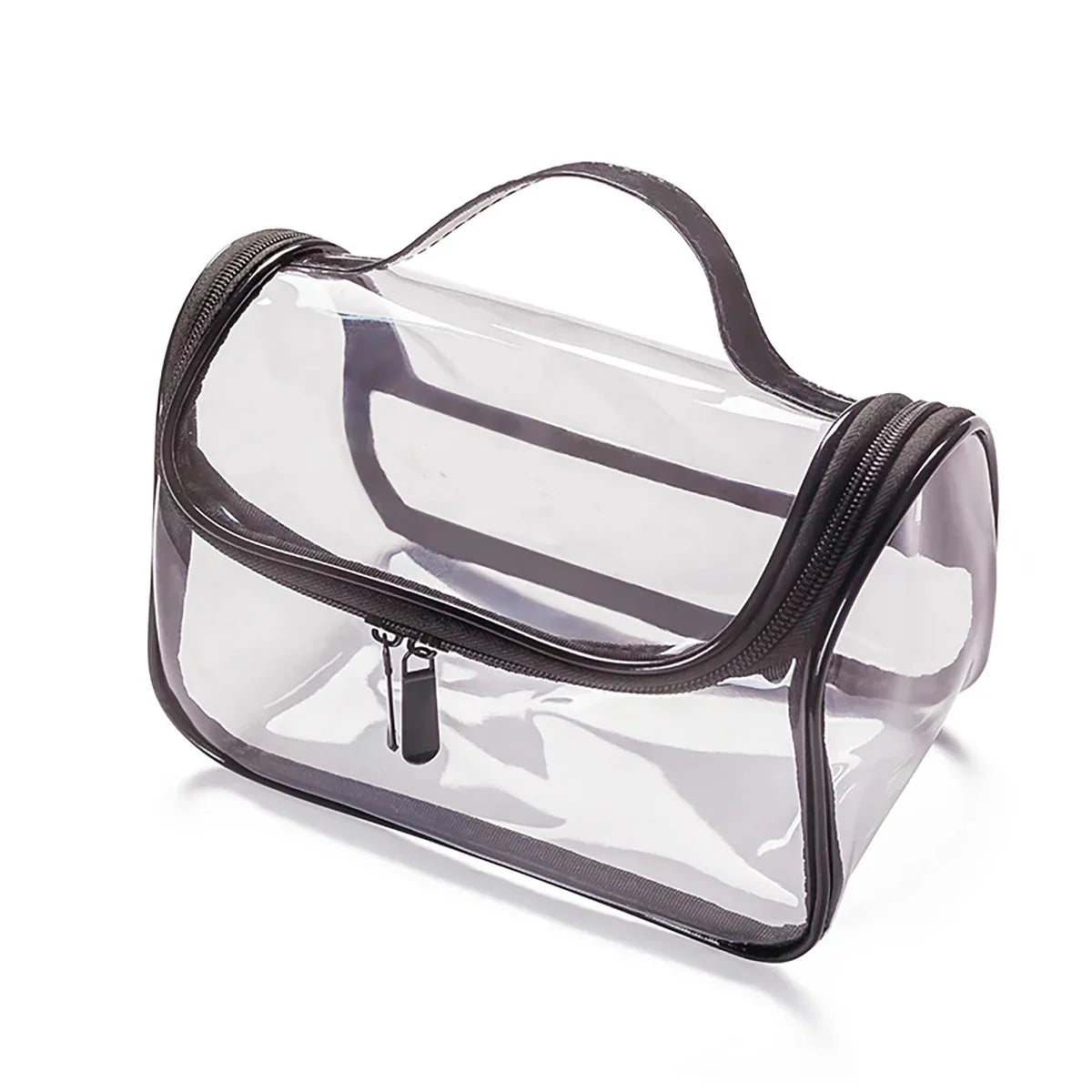 Borsa trasparente da viaggio con cerniera nera, manico superiore, ideale per cosmetici e articoli da toeletta. Design pratico e impermeabile.