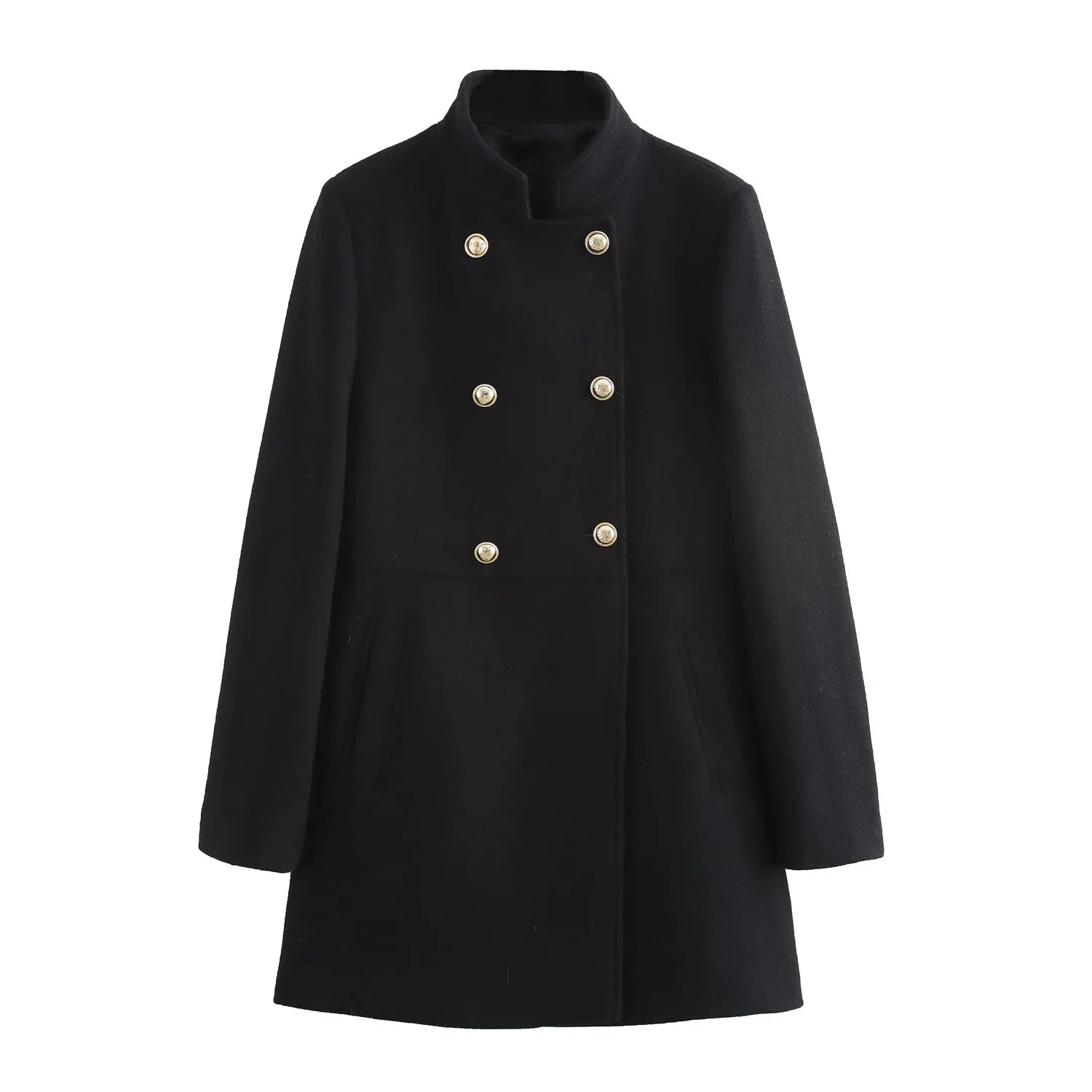 Cappotto nero da donna, doppio petto, elegante, con bottoni dorati. Moda invernale, abbigliamento femminile, stile classico.