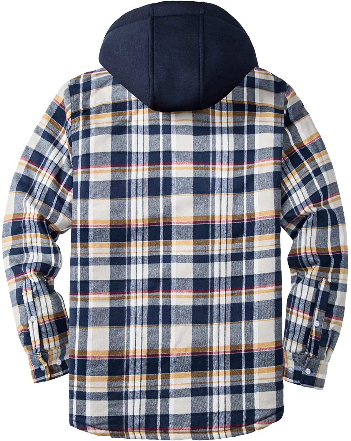 Camicia a quadri in flanella con cappuccio, maniche lunghe, colori blu, bianco e beige. Moda uomo, abbigliamento casual autunnale.