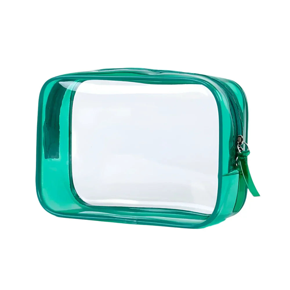 Astuccio trasparente in PVC verde con cerniera, ideale per viaggi, articoli da toeletta e cosmetici. Design compatto e impermeabile.