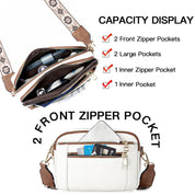 Borsa a tracolla bianca con tasche multiple, cerniere frontali, tracolla decorata. Ideale per organizzazione e moda femminile.