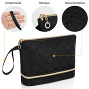 Borsa cosmetica nera impermeabile con manico portatile, cerniera SBS dorata e design trapuntato. Ideale per trucco e accessori da viaggio.