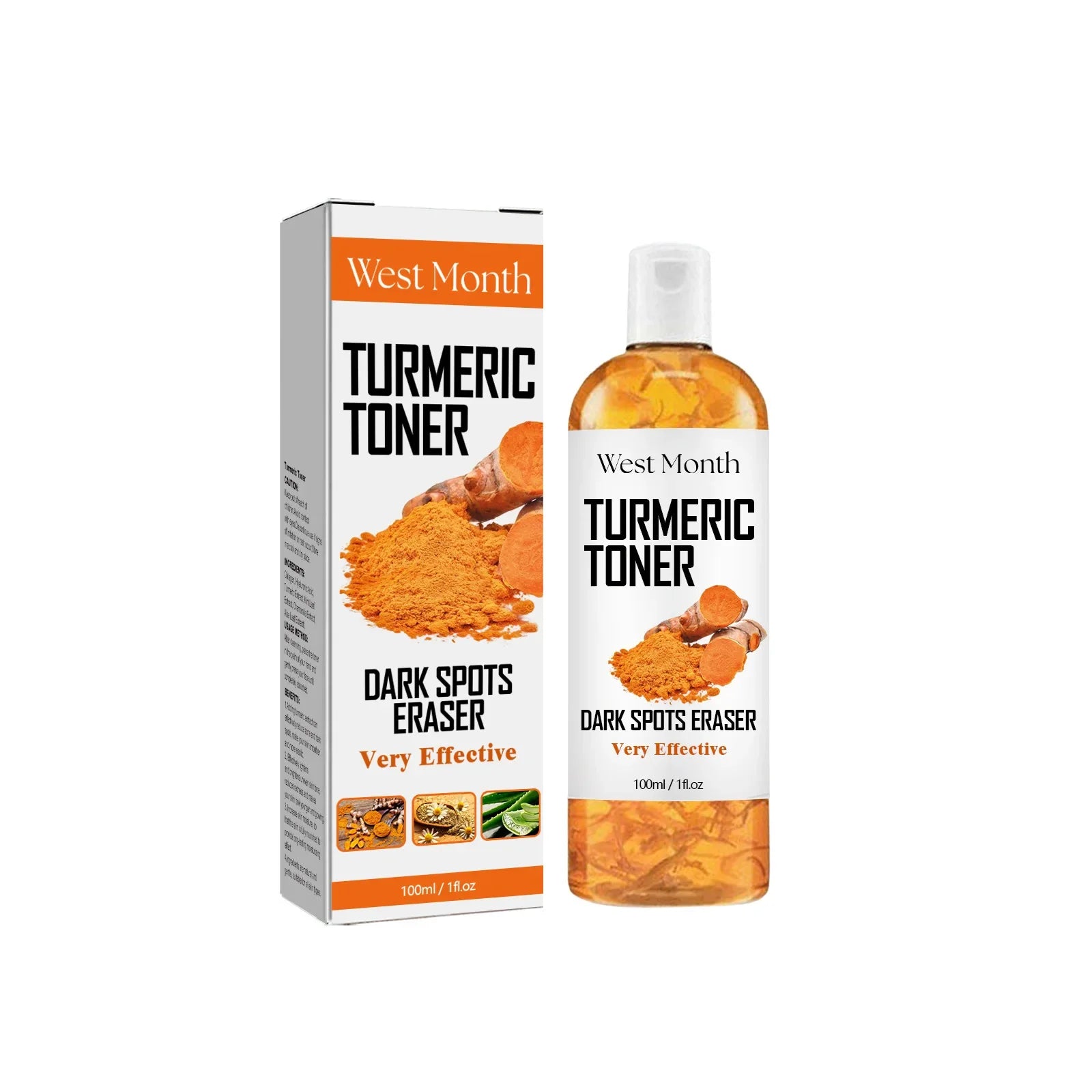 Bottiglia di tonico alla curcuma West Month da 100ml con confezione, efficace per rimuovere macchie scure. Ingredienti naturali, cura della pelle.