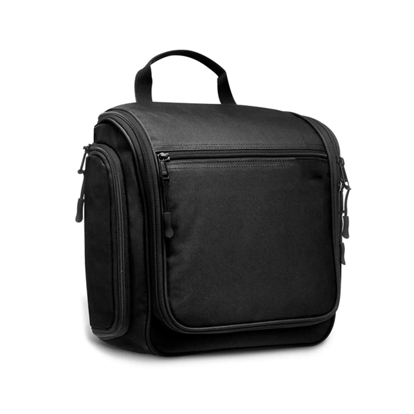 Borsa da viaggio nera con manico, tasche multiple e chiusura a zip. Ideale per organizzare accessori e articoli da toeletta.