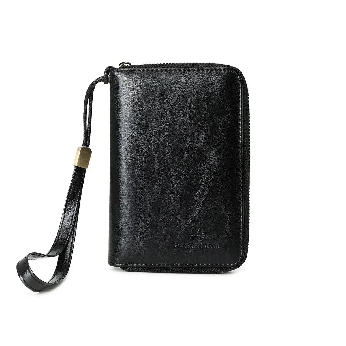 Portafoglio uomo in pelle nera con cerniera e cinturino, design elegante e compatto, accessorio moda maschile, ideale per carte e contanti.