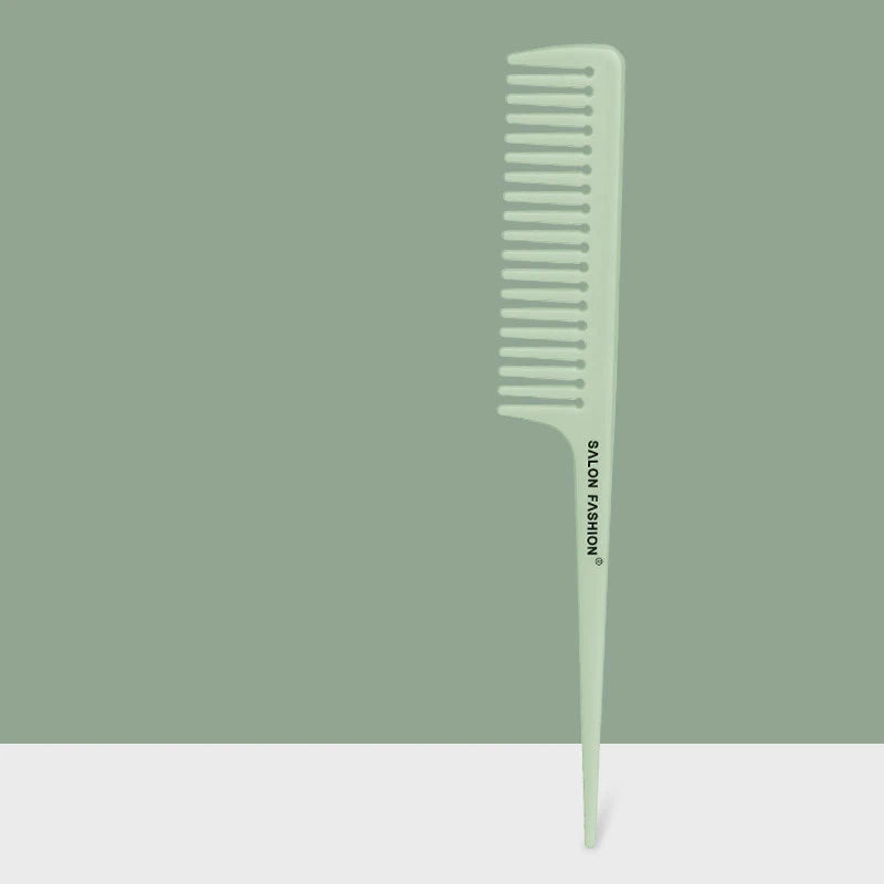 Pettine a coda verde menta, denti larghi, marchio "Salon Fashion", ideale per districare capelli ricci o mossi. Accessorio parrucchiere professionale.