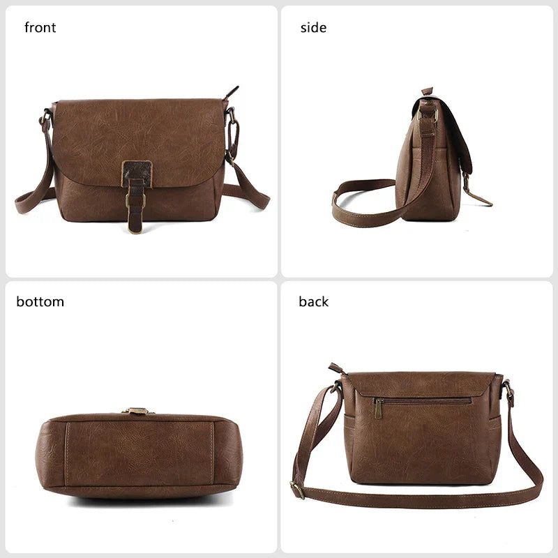 Borsa a tracolla in pelle marrone, vista frontale, laterale, inferiore e posteriore. Design elegante, chiusura a fibbia, tasca posteriore con zip.