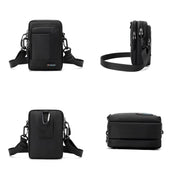 Borsa a tracolla nera in pelle, design compatto e multifunzionale, con tasche multiple e cerniere, ideale per uomo, moda e praticità.