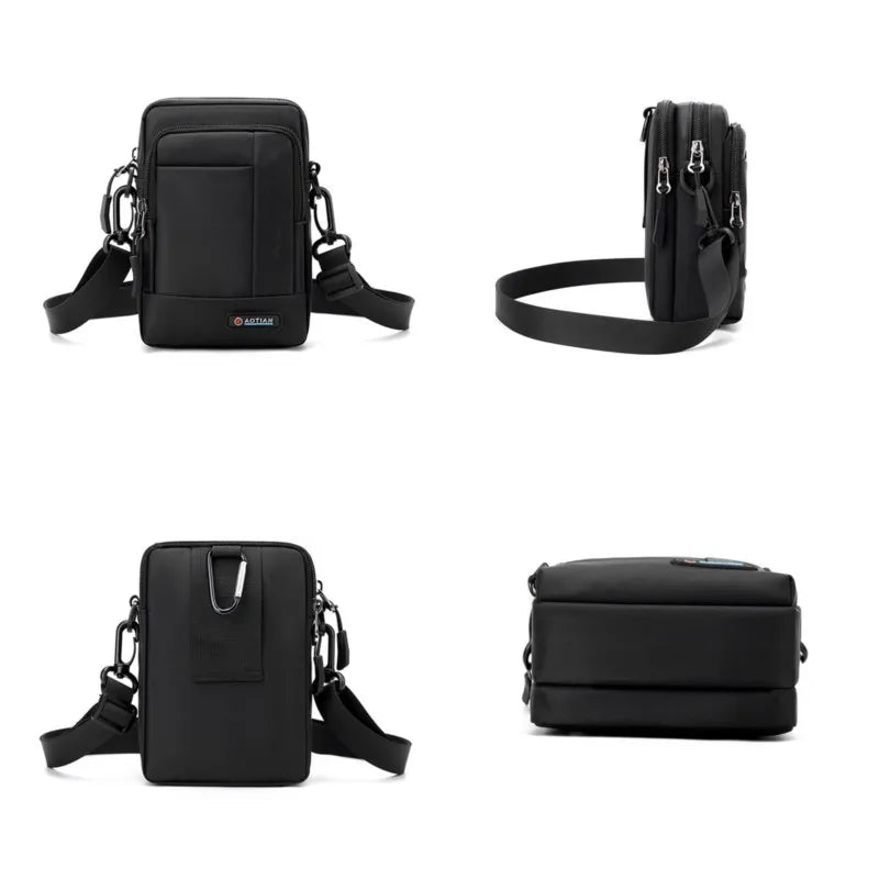Borsa a tracolla nera in pelle, design compatto e multifunzionale, con tasche multiple e cerniere, ideale per uomo, moda e praticità.