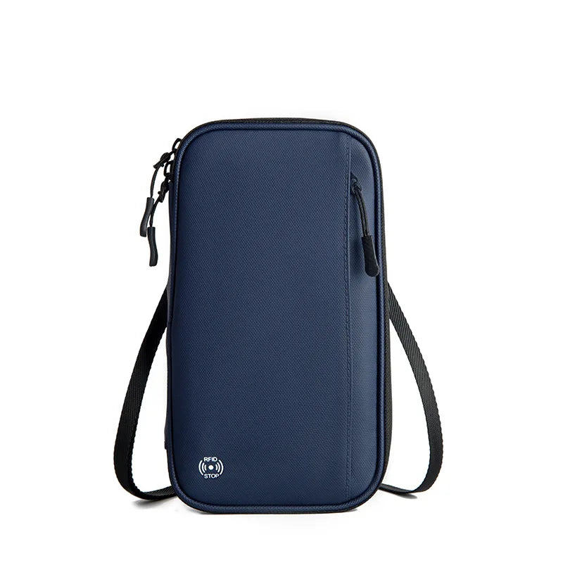 Borsa a tracolla blu scuro con protezione RFID, tasca frontale con zip, design elegante e compatto, ideale per viaggi e uso quotidiano.