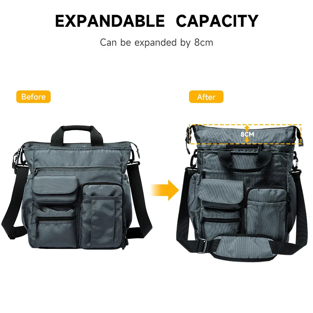 Borsa a tracolla espandibile grigia, capacità aumentabile di 8 cm, con tasche multiple, ideale per viaggi e lavoro. Design pratico e versatile.