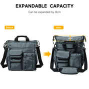 Borsa a tracolla espandibile grigia, capacità aumentabile di 8 cm, con tasche multiple, ideale per viaggi e lavoro. Design pratico e versatile.