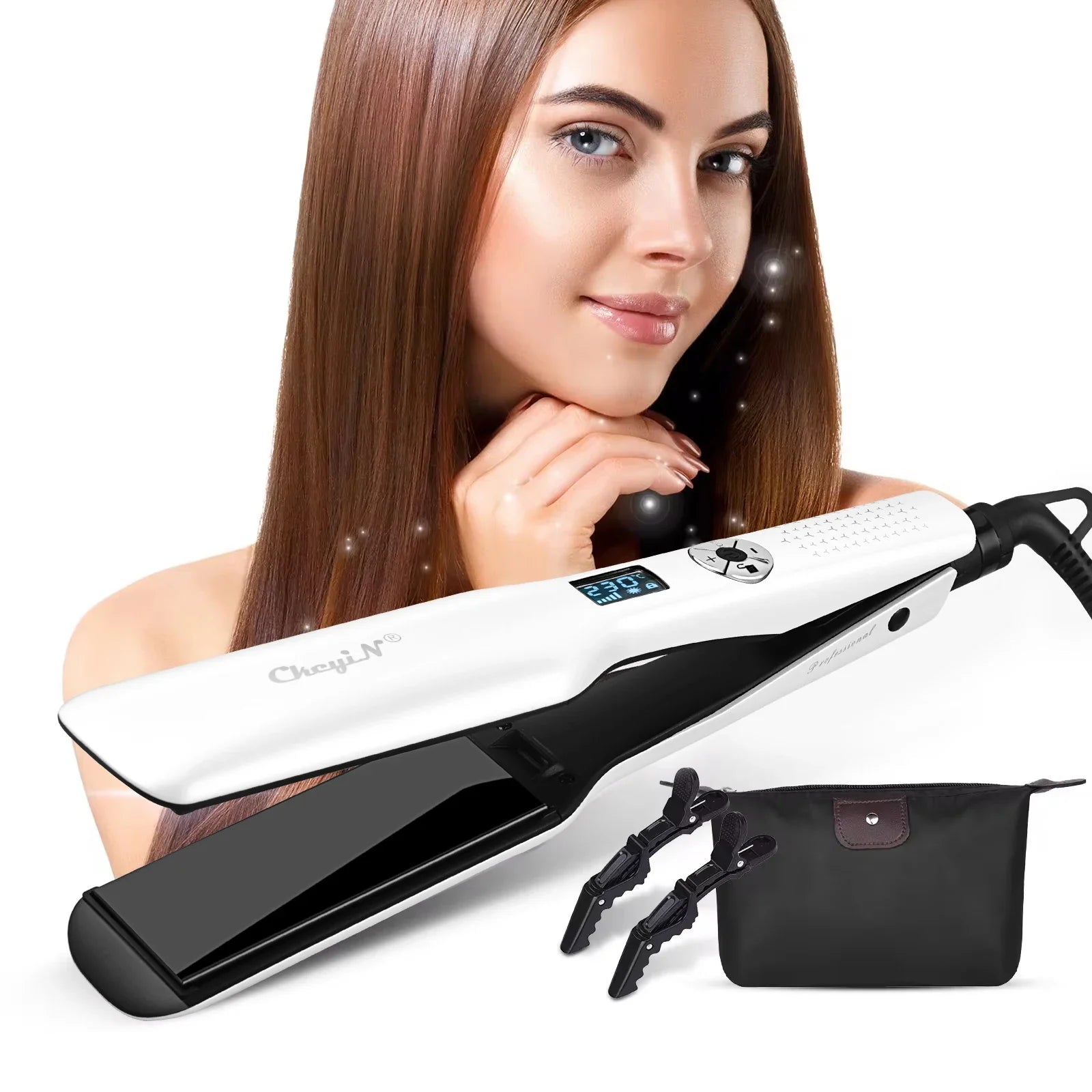 Piastra per capelli bianca con display digitale, accessori inclusi, ideale per lisciare capelli lunghi. Design elegante, perfetta per styling professionale.