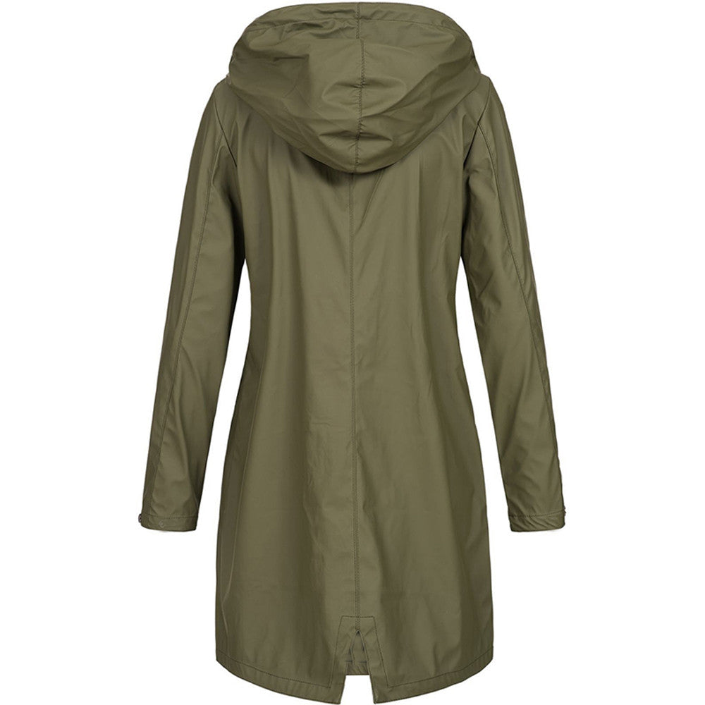 Giacca parka verde oliva da donna con cappuccio, design lungo, impermeabile, ideale per l'autunno e l'inverno. Stile casual e funzionale.