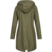 Giacca parka verde oliva da donna con cappuccio, design lungo, impermeabile, ideale per l'autunno e l'inverno. Stile casual e funzionale.