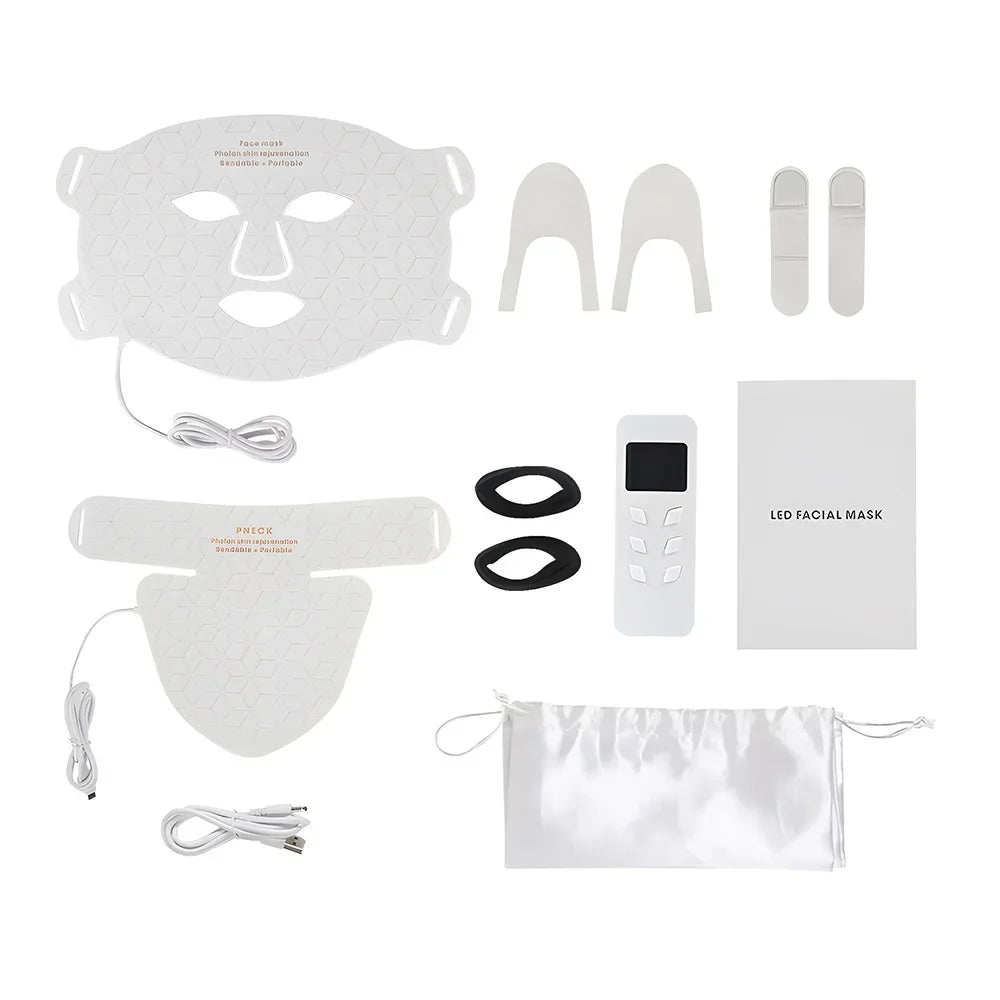 Maschera LED per il viso con accessori, telecomando e cavi. Dispositivo per terapia della luce, cura della pelle, anti-invecchiamento, bellezza.