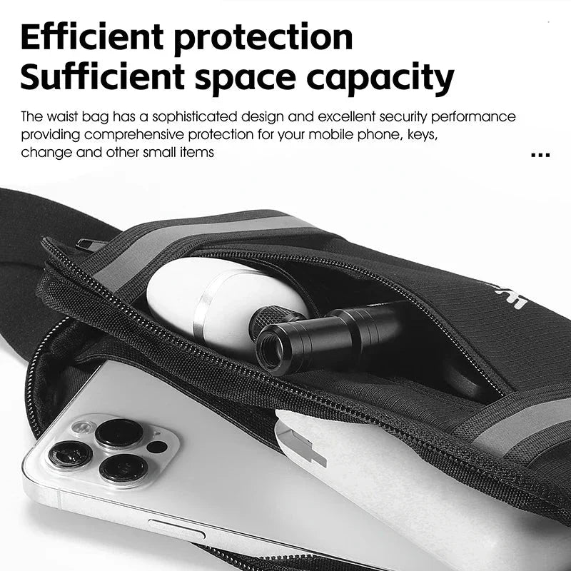 Marsupio nero con cerniera aperta, contenente smartphone, auricolari e torcia. Design elegante, protezione efficiente, capacità spaziosa.