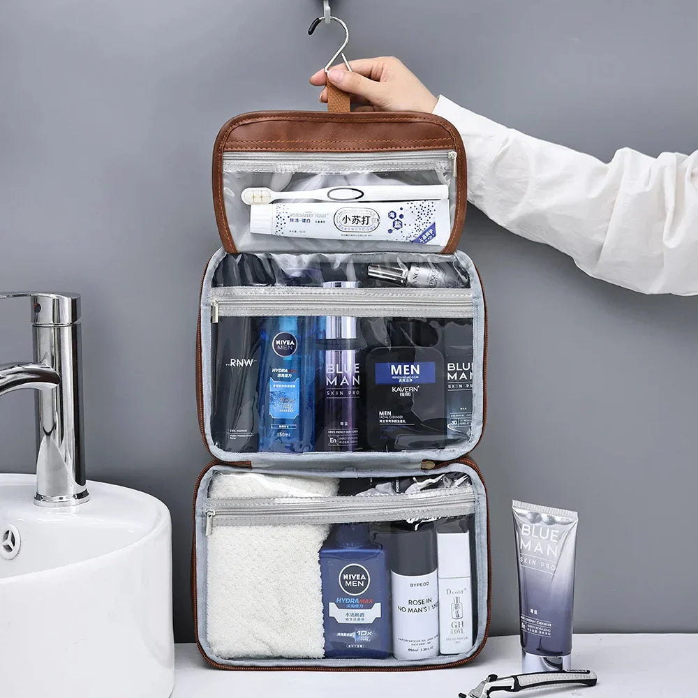 Borsa da toilette da viaggio appesa, organizer impermeabile con scomparti trasparenti, contenente prodotti per la cura personale maschile.