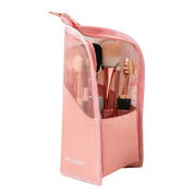 Astuccio rosa per pennelli trucco con zip, include vari pennelli cosmetici. Ideale per viaggi, organizzazione trucco, accessori bellezza.