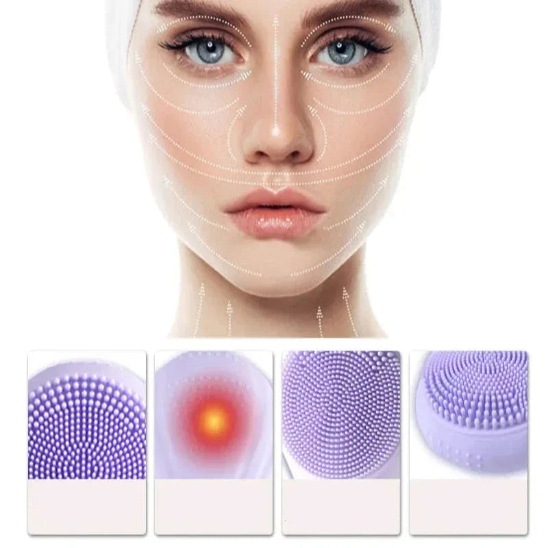 Donna con dispositivo di pulizia viso in silicone viola, dettagli di utilizzo e texture. Strumento skincare esfoliante, massaggio viso, cura della pelle.