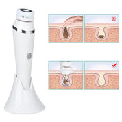 Dispositivo di pulizia viso bianco con base, illustrazioni dimostrano rimozione punti neri e pulizia pori. Strumento bellezza, cura pelle efficace.