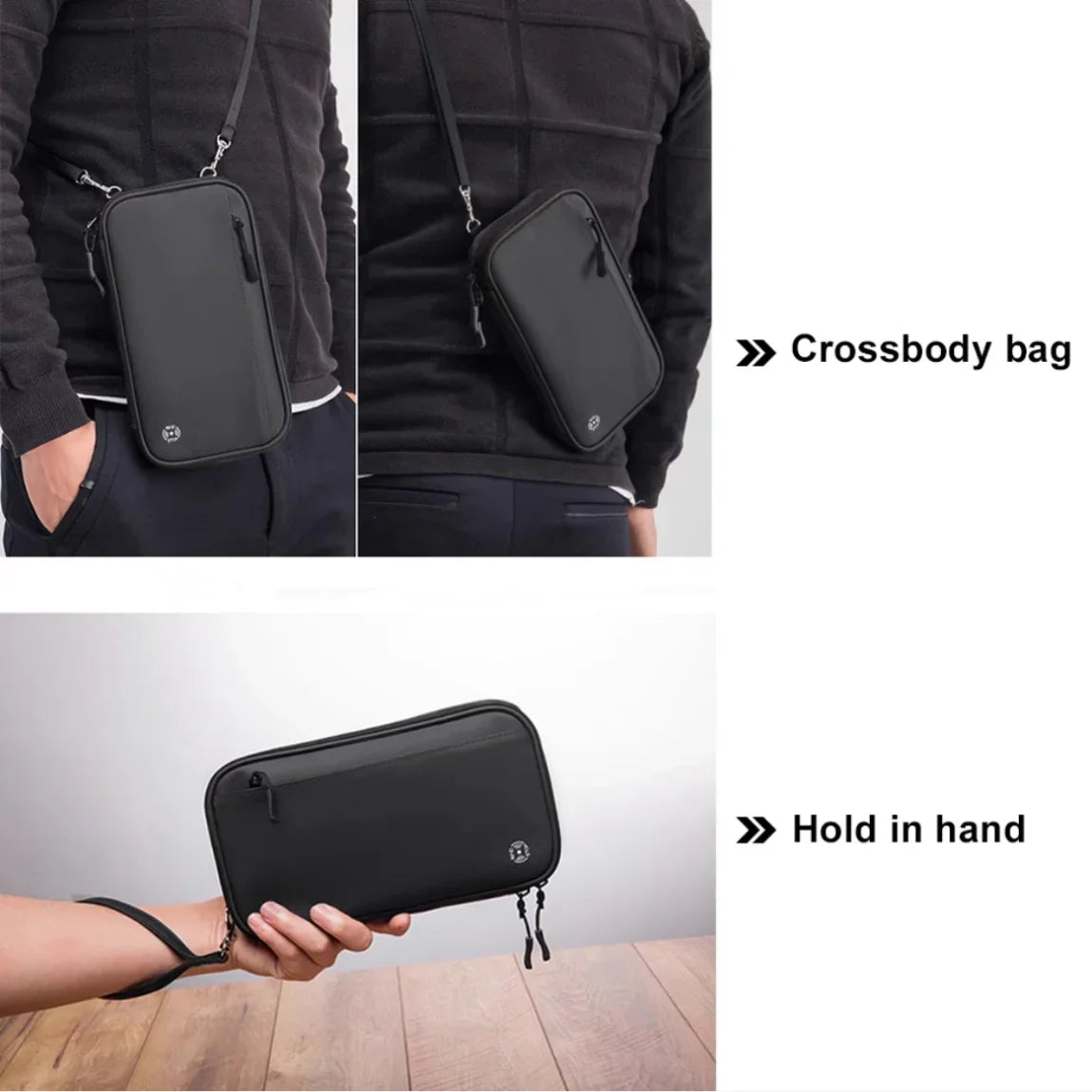 Borsa a tracolla nera unisex, compatta e moderna, con cerniera, ideale per viaggi e uso quotidiano. Design versatile, portatile a mano o a tracolla.
