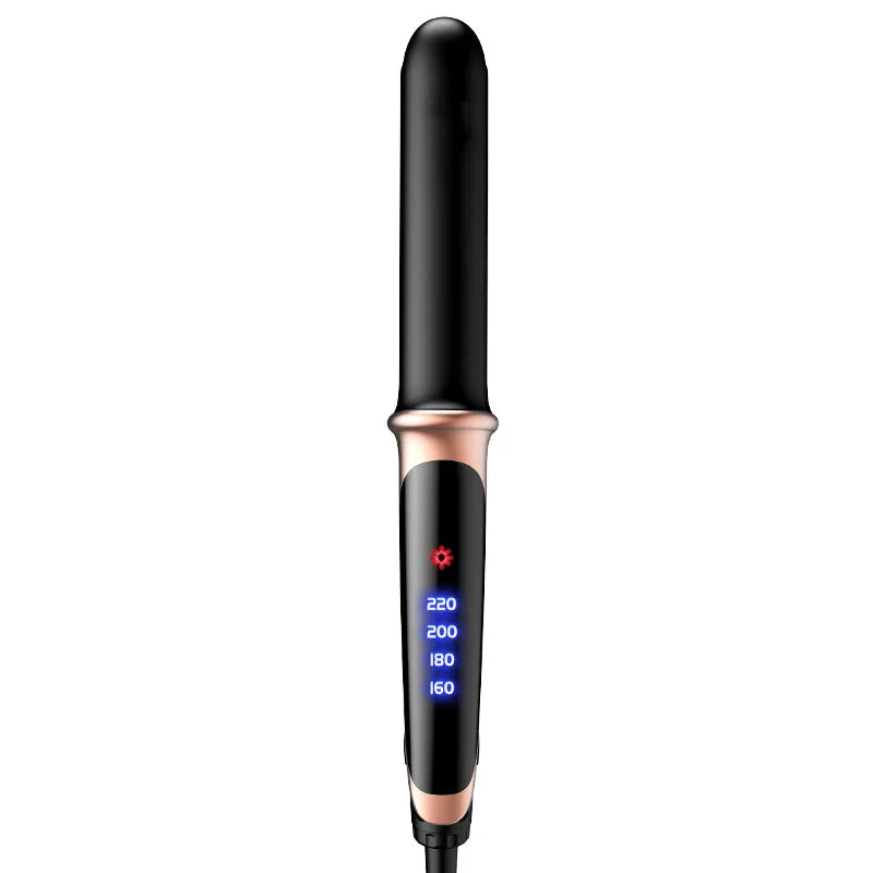 Ferro arricciacapelli nero con display LED temperatura regolabile, design ergonomico, styling capelli professionale, riscaldamento rapido.