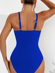 Costume intero blu donna, spalline regolabili, design elegante, tessuto elasticizzato, moda mare estate, abbigliamento da spiaggia femminile.