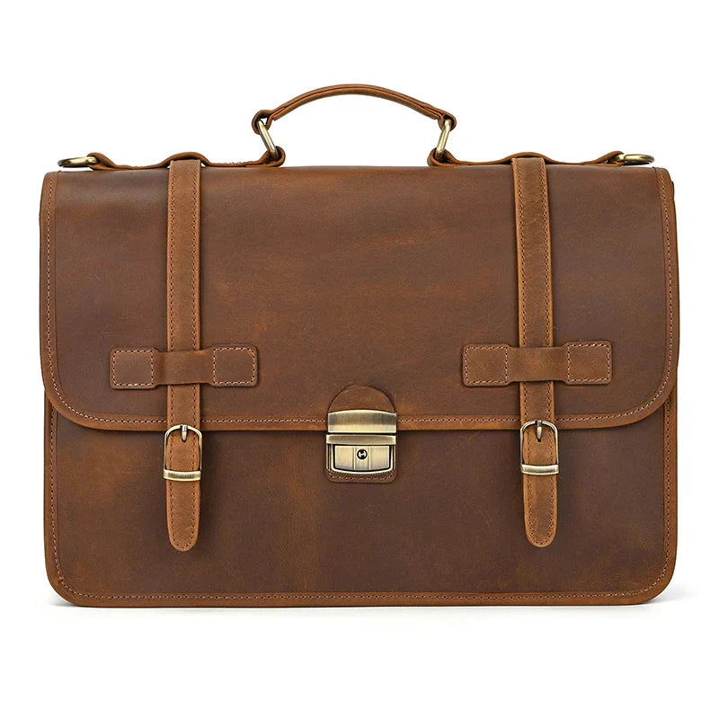 Borsa ventiquattrore in pelle marrone, design classico con fibbie e manico superiore. Elegante e ideale per lavoro e viaggi d'affari.