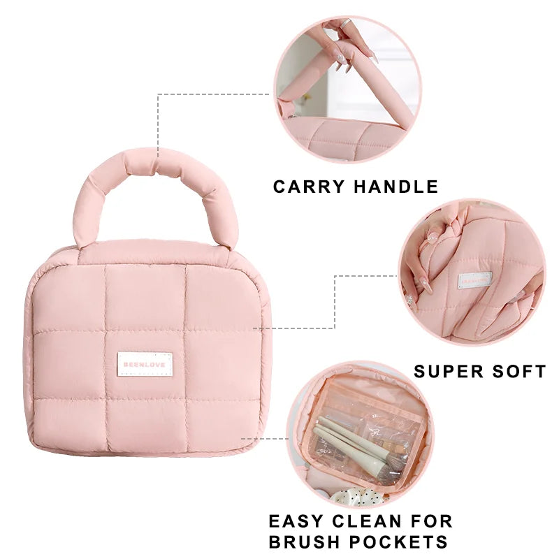 Borsa trucco rosa imbottita con manico, tasche per pennelli facili da pulire, materiale super morbido. Ideale per organizzare cosmetici.