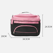 Borsa da viaggio rosa e nera, dimensioni 34,5x20x24,5 cm, con tasche multiple e cerniere, ideale per palestra e weekend.