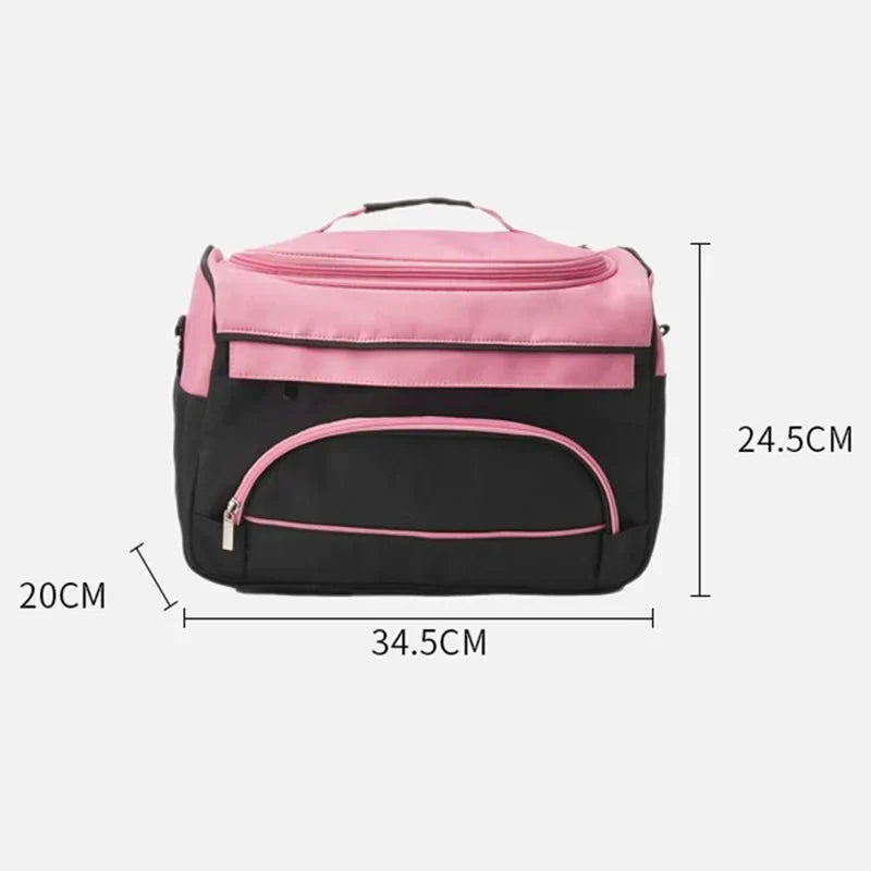 Borsa da viaggio rosa e nera, dimensioni 34,5x20x24,5 cm, con tasche multiple e cerniere, ideale per palestra e weekend.