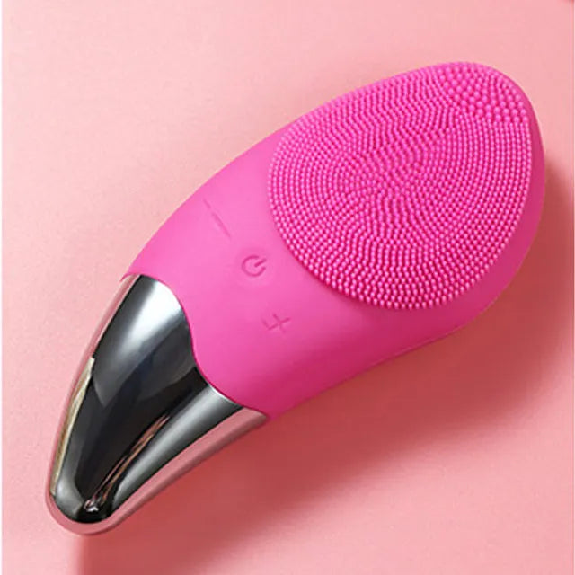 Dispositivo di pulizia viso in silicone rosa, massaggiatore elettrico con testina in acciaio inossidabile, cura della pelle, esfoliante, impermeabile.