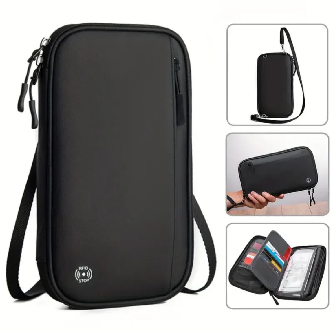 Custodia nera antifurto RFID per passaporto e carte, con tracolla regolabile. Design compatto, ideale per viaggi sicuri e organizzati.