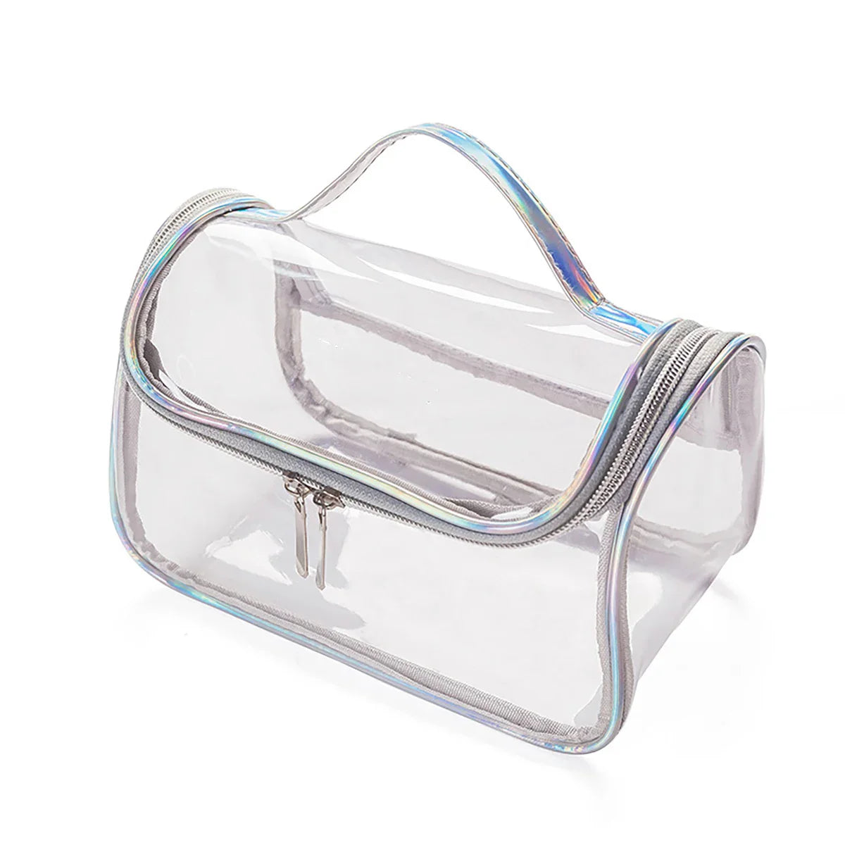 Borsa trasparente in PVC con cerniera, manico superiore, design iridescente, ideale per viaggi, cosmetici, articoli da toeletta.