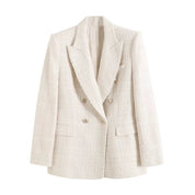 Blazer donna bianco in tweed, doppio petto, elegante, con bottoni dorati, tasche frontali, ideale per look formali e casual chic.