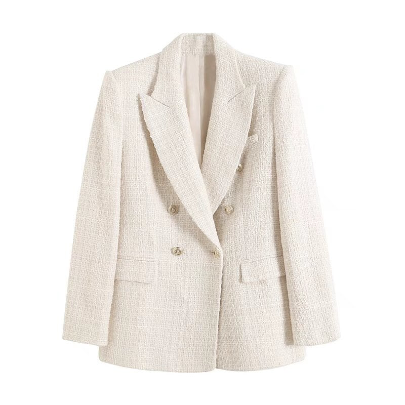 Blazer donna bianco in tweed, doppio petto, elegante, con bottoni dorati, tasche frontali, ideale per look formali e casual chic.