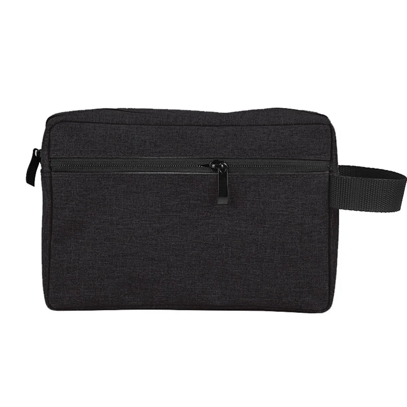 Borsa da toilette nera unisex, design minimalista, con cerniera frontale e manico laterale. Ideale per viaggi, resistente e spaziosa.