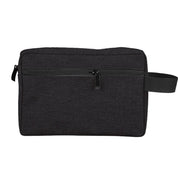 Borsa da toilette nera in tessuto impermeabile con cerniera frontale, manico laterale. Ideale per viaggi, organizzazione accessori bagno.