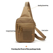Zaino monospalla tattico beige con tasche multiple, chiusura in velcro e cordino di qualità. Design compatto e funzionale per uso quotidiano.