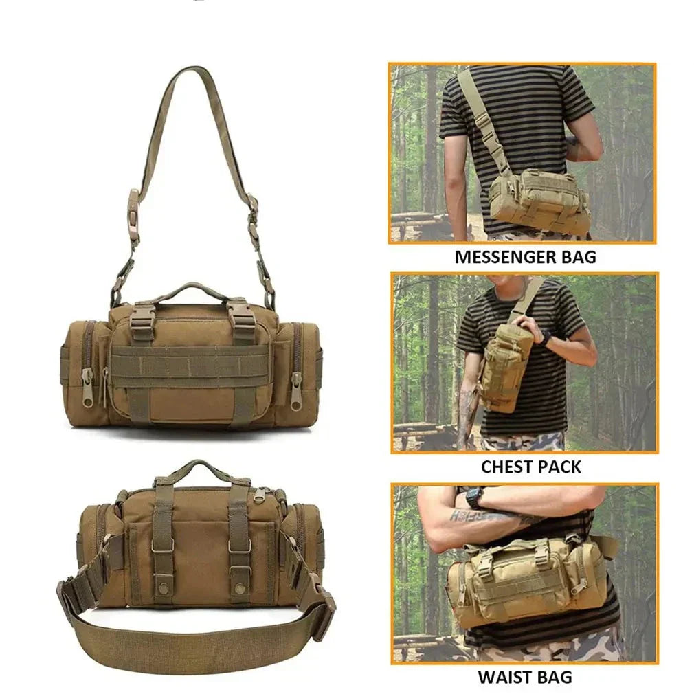Borsa a tracolla tattica militare verde oliva, multifunzionale, con cinghie regolabili, tasche multiple, ideale per outdoor e viaggi.