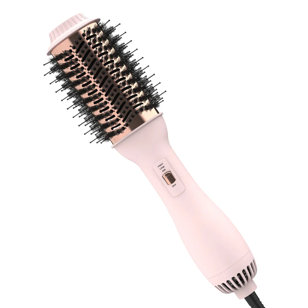 Spazzola ad aria calda rosa, design cilindrico, setole nere, manico ergonomico, ideale per asciugatura e styling capelli. Accessorio styling capelli.