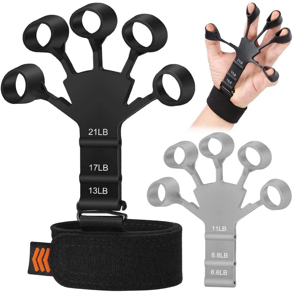 Espansore dita mano nero e grigio, livelli resistenza 6.6LB-21LB, con cinturino regolabile. Attrezzo allenamento forza dita e riabilitazione.