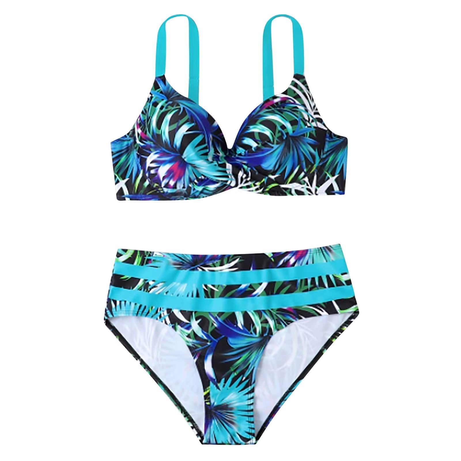 Costume da bagno donna a due pezzi con stampa tropicale, reggiseno con spalline regolabili e slip a vita alta. Moda mare estiva, abbigliamento da spiaggia.