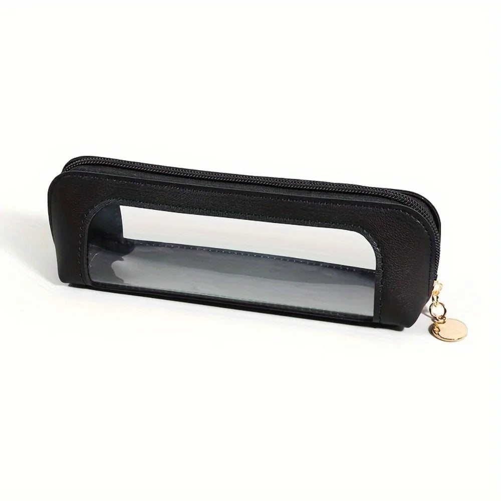 Astuccio trasparente nero con cerniera, design elegante, ideale per scuola o ufficio. Accessorio pratico per organizzare penne e matite.