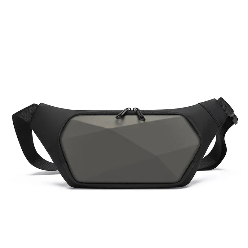 Marsupio nero moderno con design geometrico, chiusura a zip, ideale per viaggi e attività all'aperto. Accessorio moda unisex, pratico e resistente.