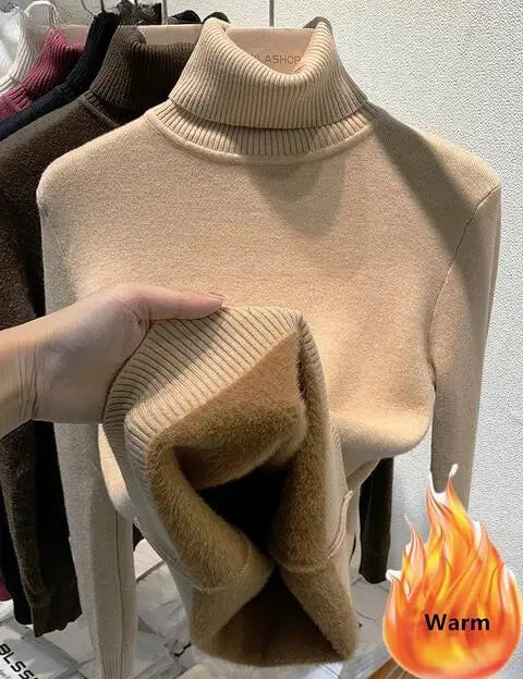 Maglione dolcevita beige in lana, caldo e morbido, esposto su appendiabiti. Ideale per l'inverno, moda donna, abbigliamento casual elegante.