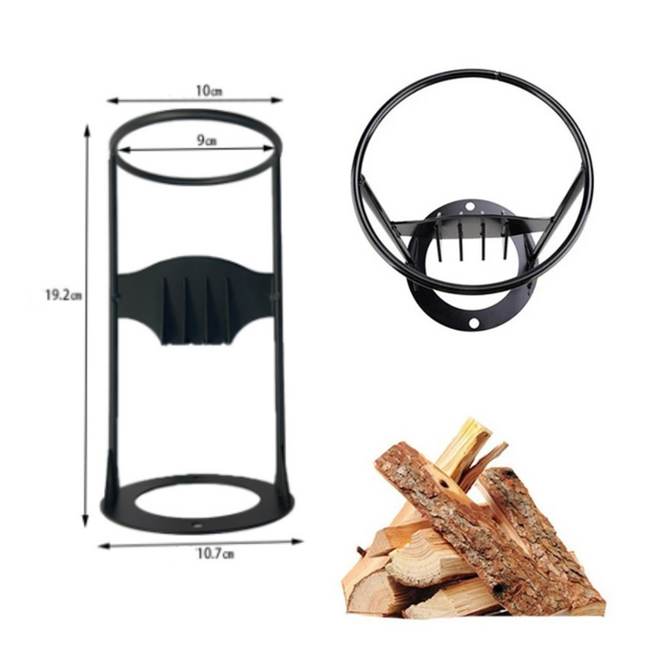 Spaccalegna manuale in metallo nero, design circolare con supporto stabile, dimensioni 19,2x10,7 cm, ideale per tagliare legna da ardere.